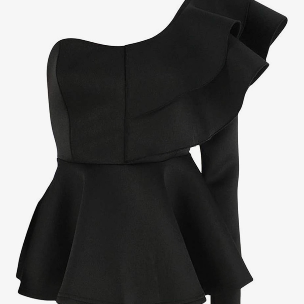 Black One-Shoulder Ruffle Top - Picture 3 of 5